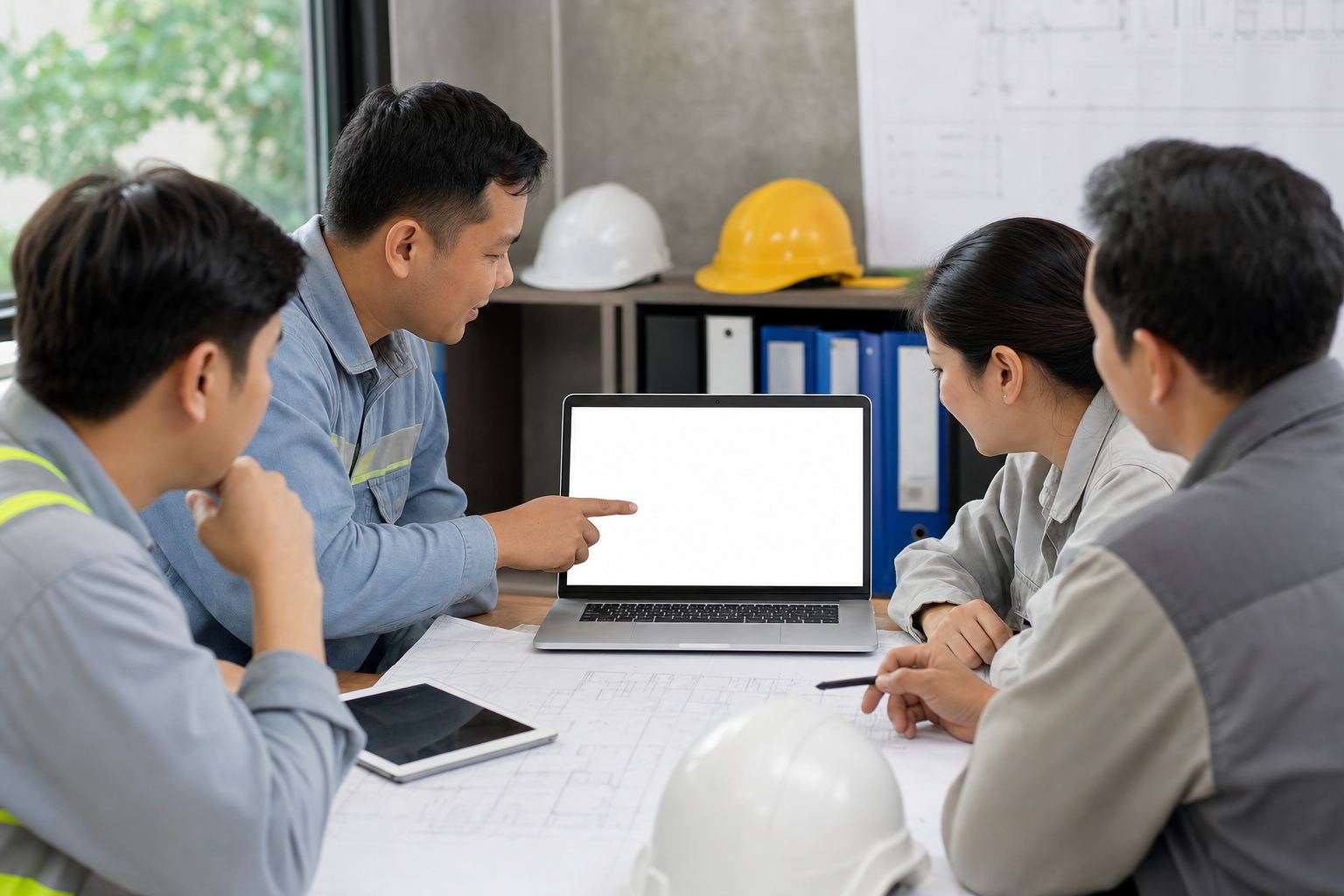 Nhóm nhỏ họp quanh laptop có dashboard