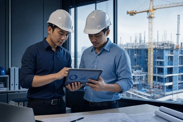 Hai kỹ sư xem báo cáo dự án trên máy tính bảng tại văn phòng công trường