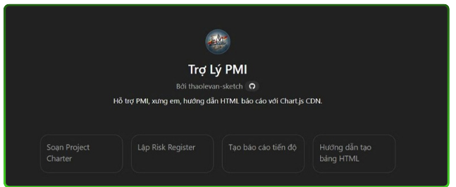 Màn hình trợ lý AI quản lý dự án chuẩn PMI khi vừa mở, có sẵn các lệnh soạn Project Charter, lập Risk Register, tạo báo cáo tiến độ