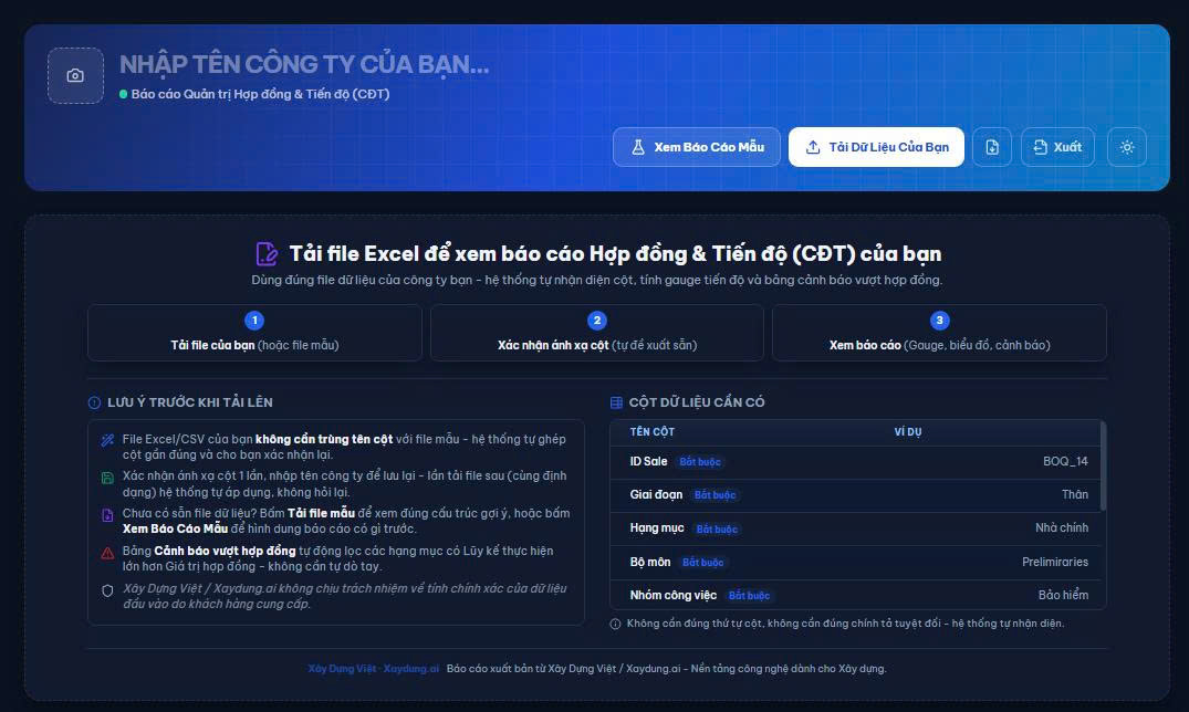 Màn hình tải file Excel để xem báo cáo hợp đồng và tiến độ