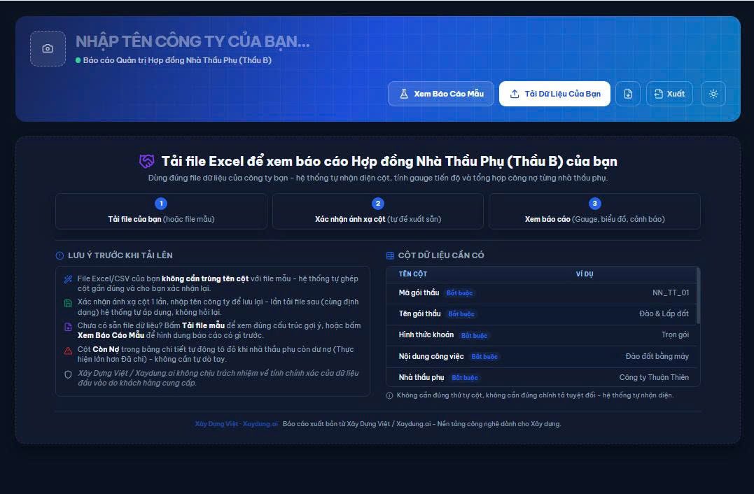 Màn hình tải file Excel để xem báo cáo hợp đồng nhà thầu phụ
