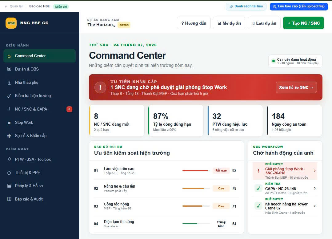 Báo cáo HSE công trường: màn hình Command Center của NNG HSE GC
