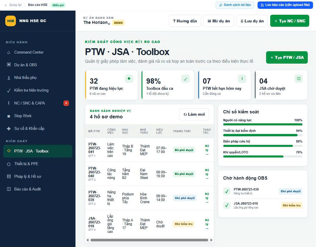 Phân hệ PTW, JSA, Toolbox quản lý công việc rủi ro cao