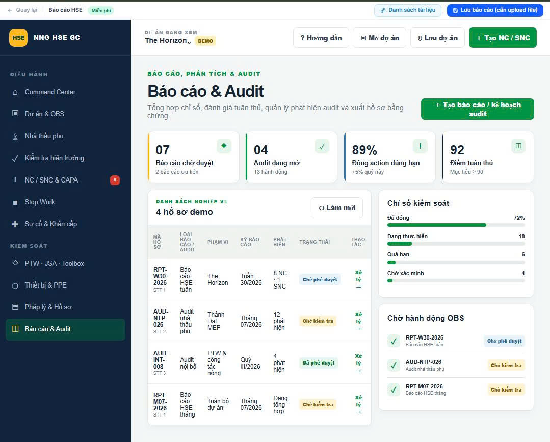 Phân hệ Báo cáo và Audit trong Báo cáo HSE