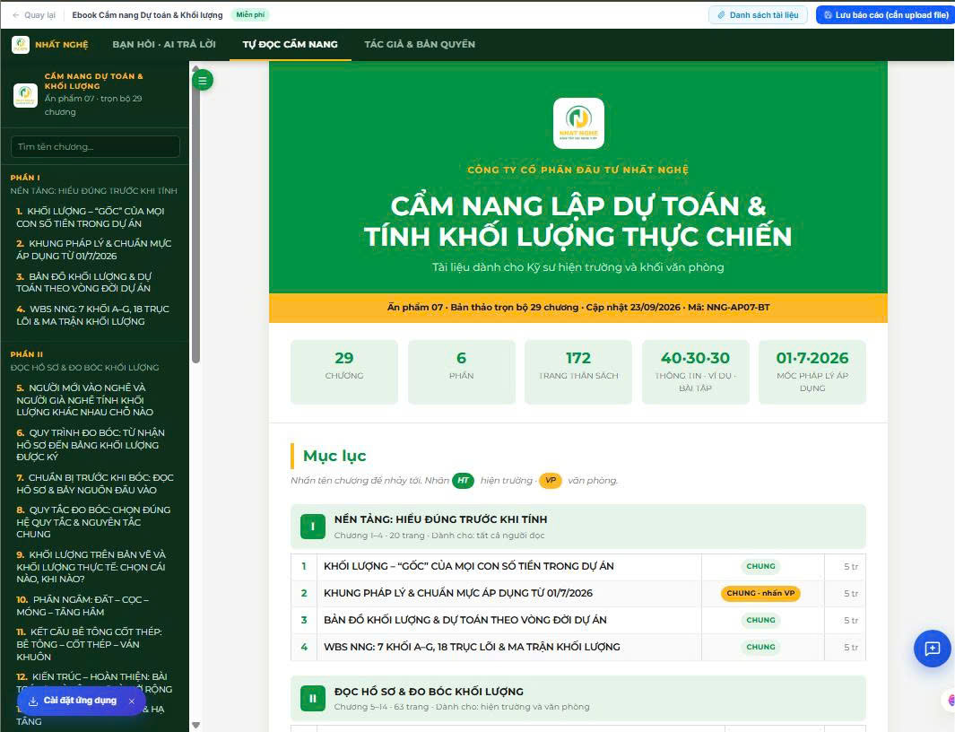 Cẩm nang dự toán và khối lượng: bìa và mục lục 29 chương