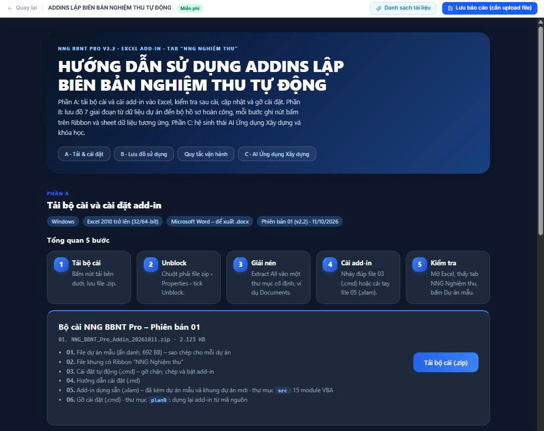 Trang hướng dẫn tải và cài đặt add-in lập biên bản nghiệm thu