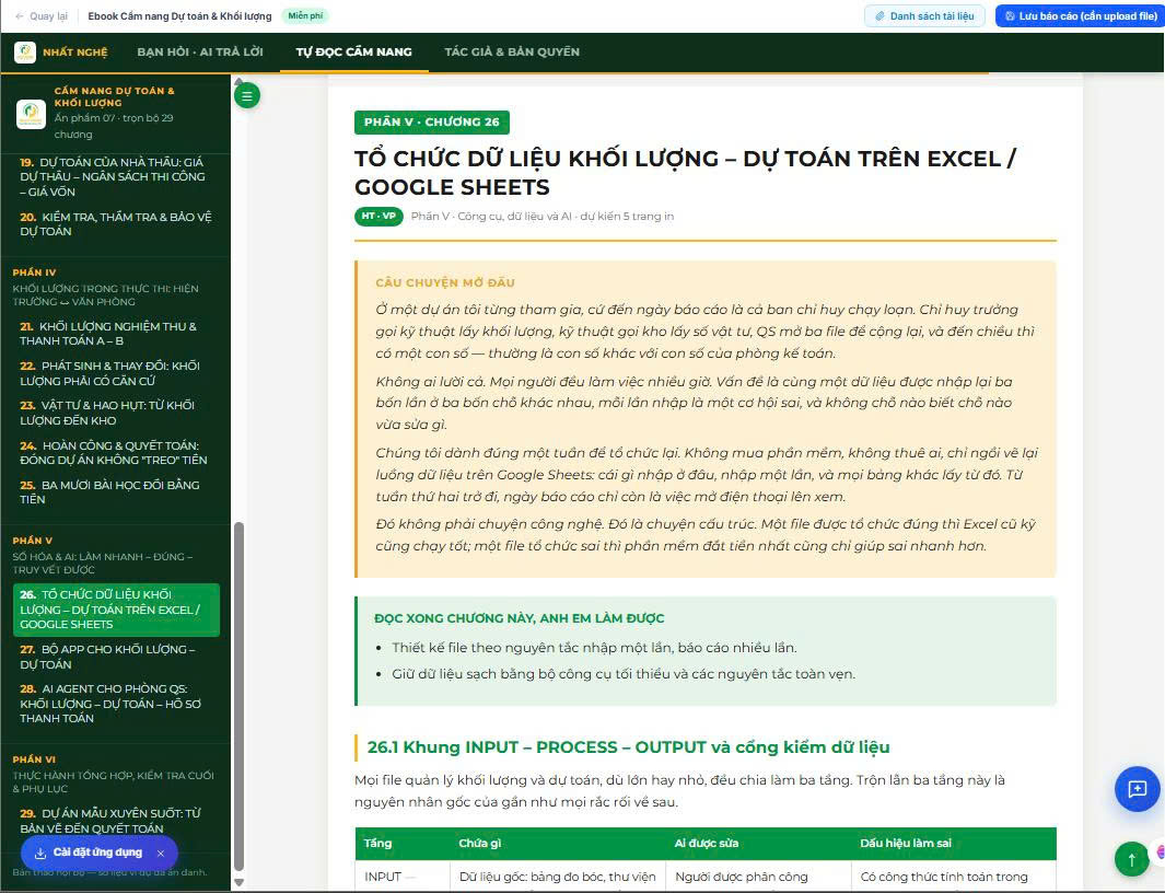 Chương 26: Tổ chức dữ liệu khối lượng và dự toán trên Excel, Google Sheets
