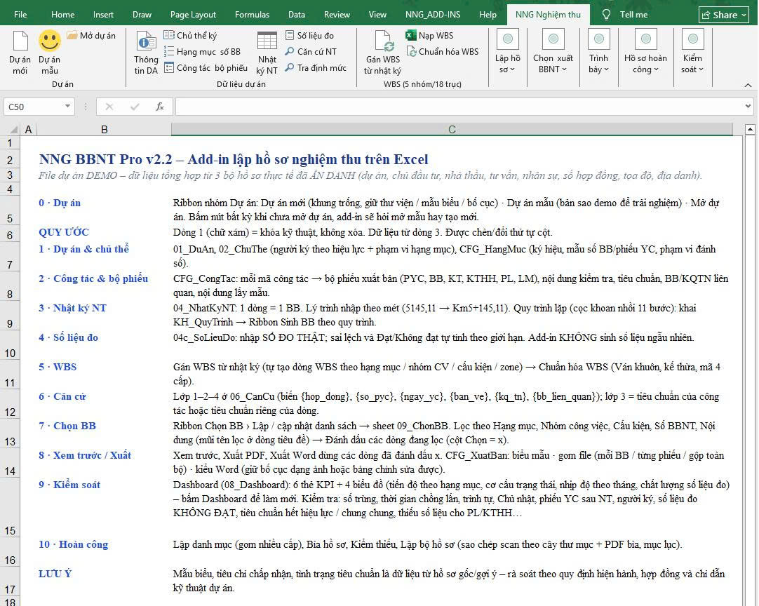 Tab NNG Nghiệm thu trên ribbon Excel và sheet hướng dẫn